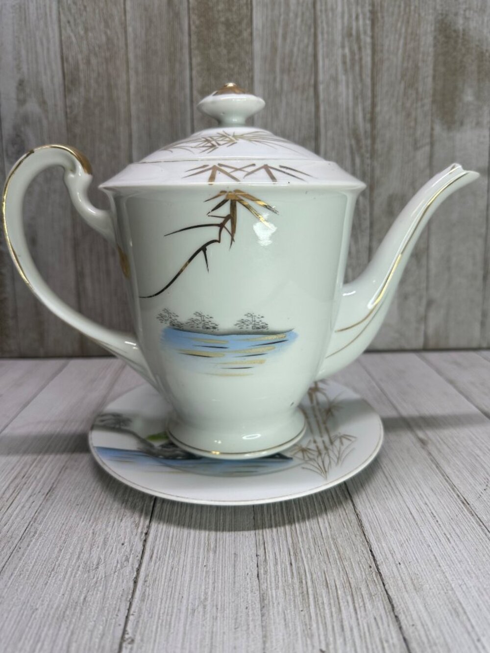 Vintage Kutani Ware Teapot 7" Tall & Plate 7" DIA Bamboo Village Golden Design